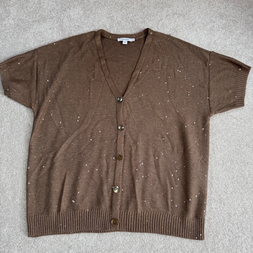 Chico's Brown Sequin Short Sleeve Cardigan Sweater V-Neck Button Front Size 2 L